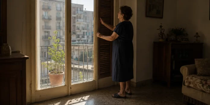 Donna anziana socchiude le persiane di una finestra in una casa urbana durante un pomeriggio di caldo intenso