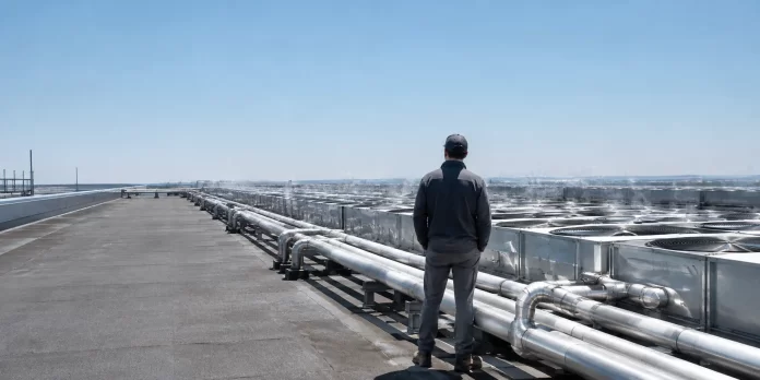 Tecnico di spalle davanti ai raffreddatori esterni di un data center in una giornata estiva