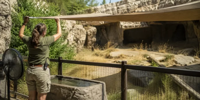 Operatrice di uno zoo controlla le zone d'ombra e la ventilazione di un recinto esterno durante una giornata di caldo intenso