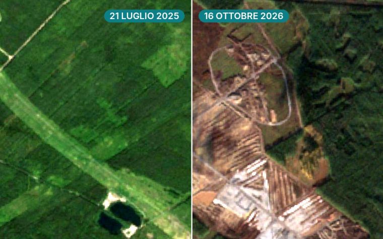 Immagine satellitare divisa a metà dello stesso tratto di bosco a Muhos, in Finlandia: a sinistra verde il 21 luglio 2025, a destra terra scoperta e strade di cantiere il 16 ottobre 2026