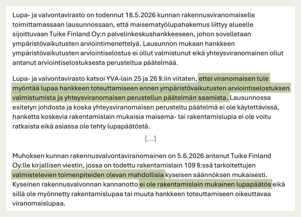 Ritaglio di una pagina in finlandese dell’atto dell’autorità ambientale del 6 ottobre 2026, con due passaggi evidenziati in verde